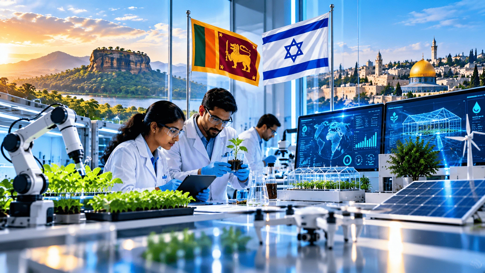 Researchers exploring smart agriculture, robotics and digital technology in a modern innovation laboratory representing Sri Lanka–Israel cooperation
