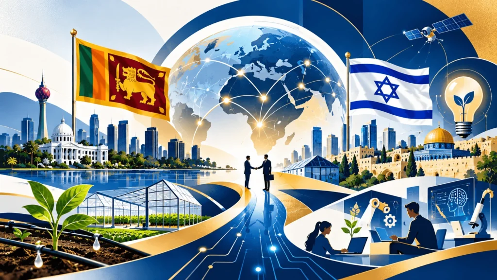 Editorial vector illustration of Sri Lanka–Israel technology cooperation, digital innovation and knowledge exchange
