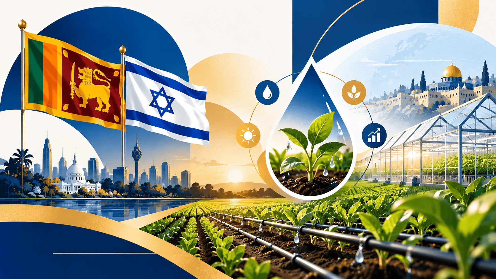 Editorial illustration of Sri Lanka–Israel agricultural cooperation, smart irrigation and sustainable farming