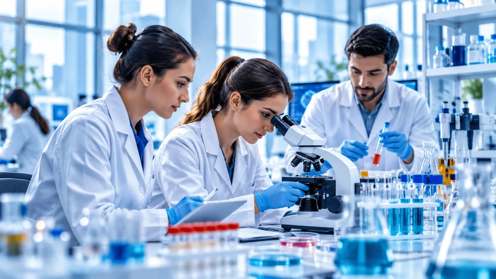 Scientists in a modern laboratory examining samples with a microscope and conducting scientific research