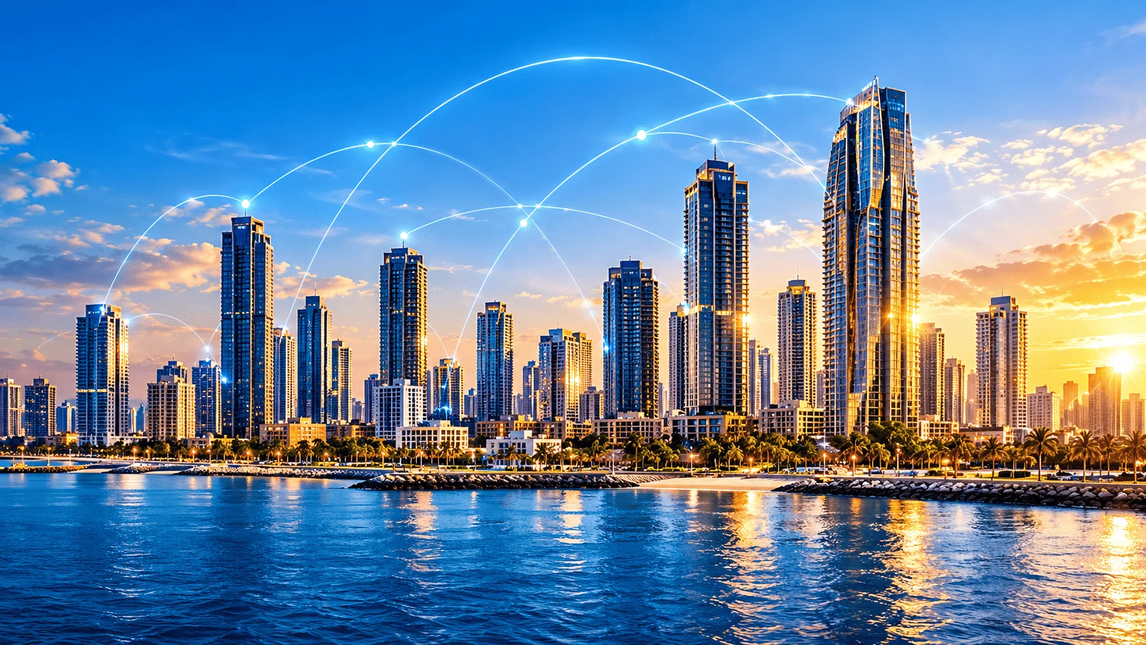 Modern coastal city skyline connected by glowing digital network lines at sunset, representing technology and innovation
