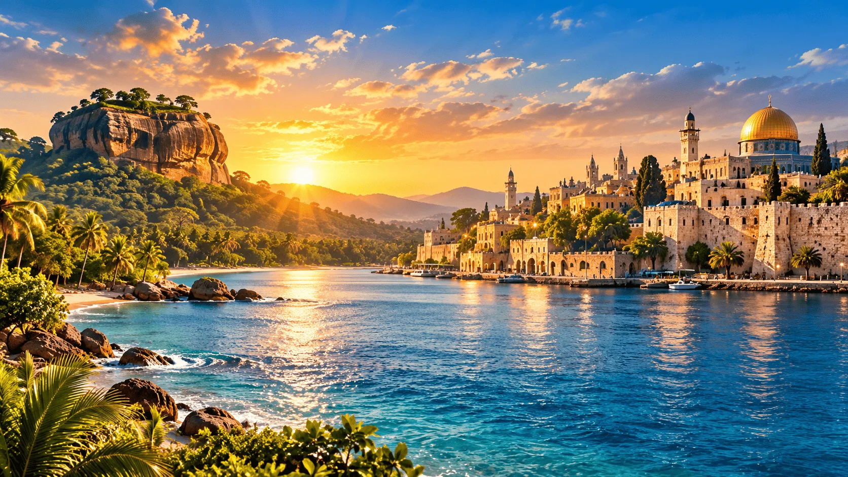 Tropical rocky coastline and lush greenery beside a historic stone city with golden dome architecture at sunset