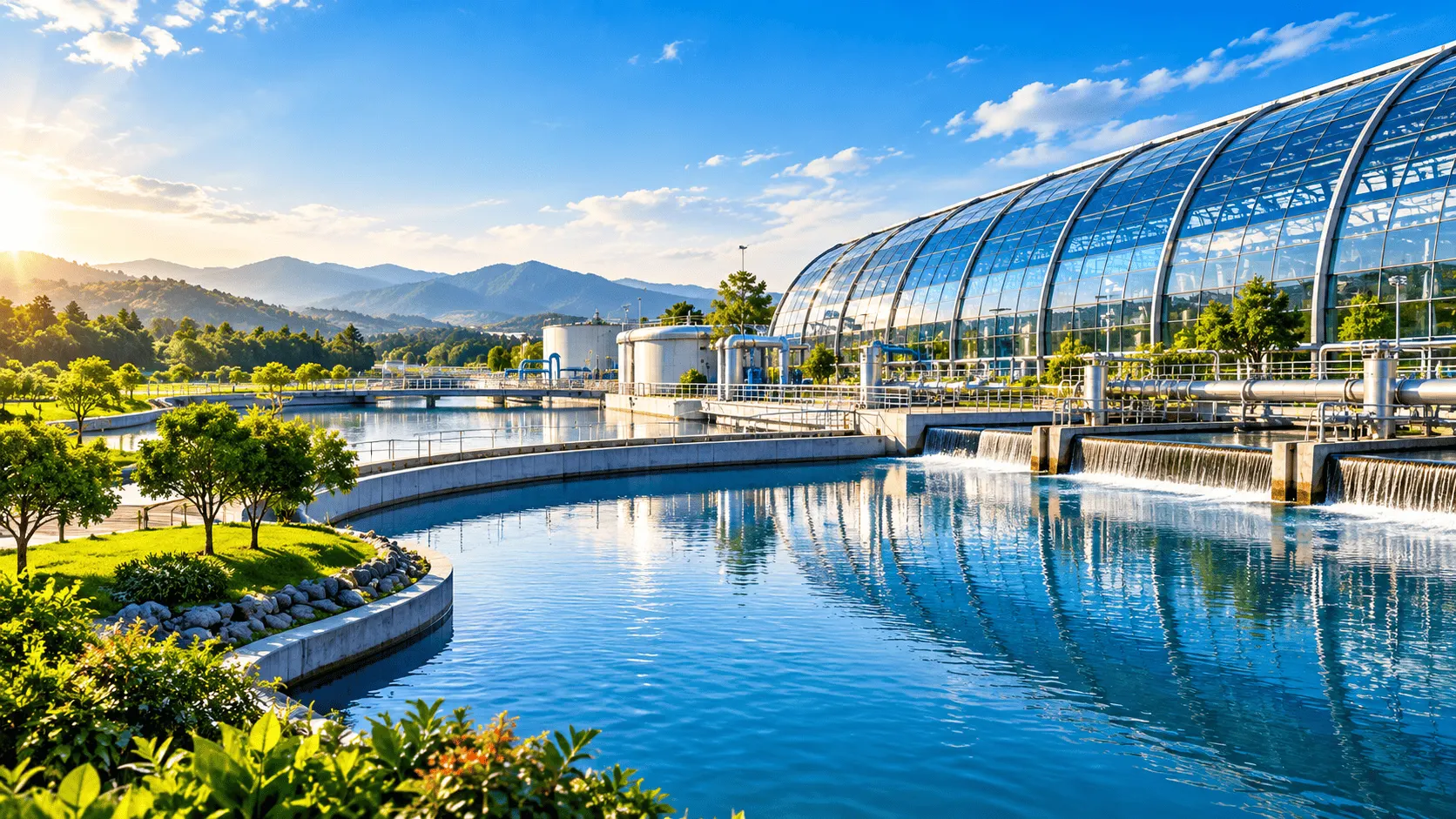 Modern water management facility with blue treatment basins, glass infrastructure and landscaped greenery under a clear sky