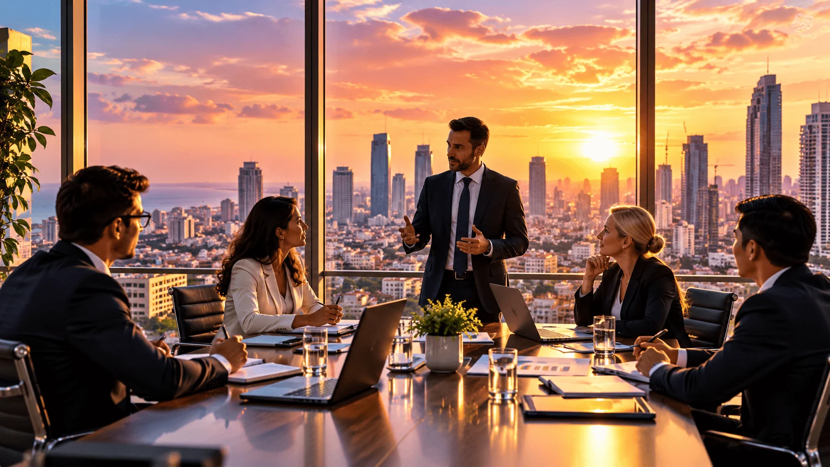 Business professionals collaborating around a conference table in a modern city office at sunset