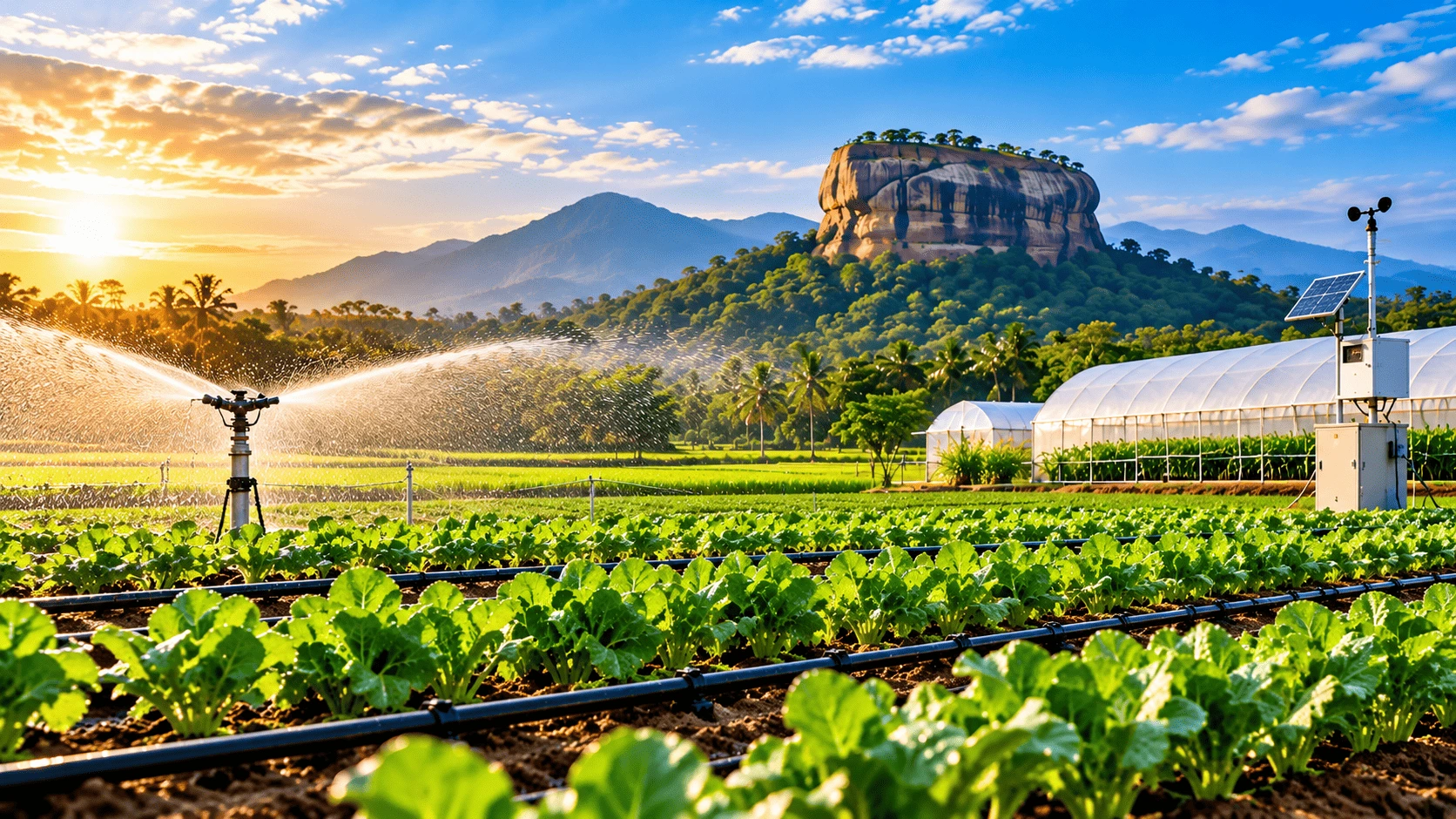 Sustainable vegetable farming with smart irrigation, greenhouse technology and lush agricultural fields in Sri Lanka