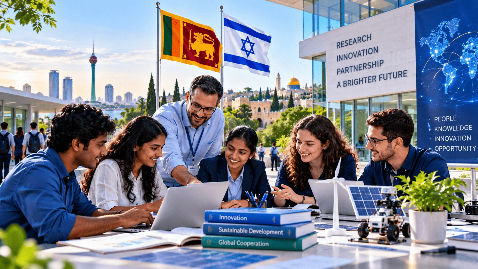 Sri Lankan and Israeli students collaborating on research and technology projects in a modern educational campus