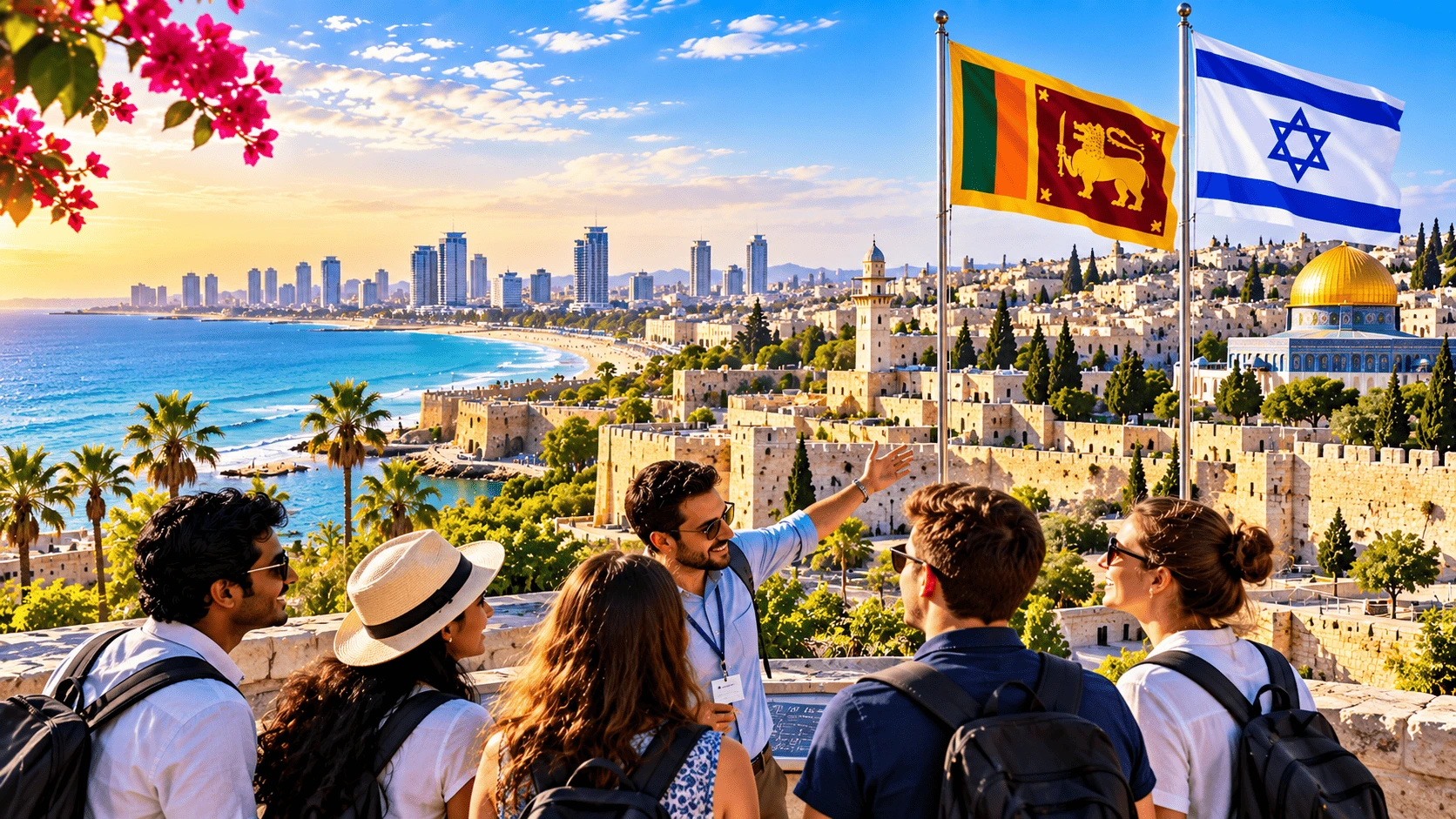 Tourists exploring a historic city overlooking the coast, with Sri Lankan and Israeli flags representing cultural exchange