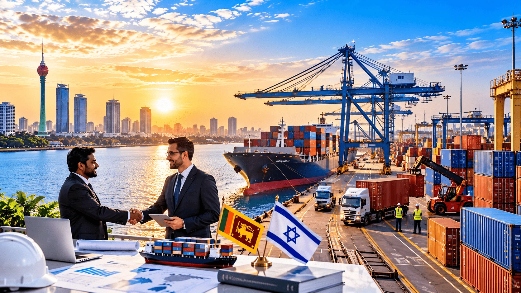 Sri Lankan and Israeli business professionals discussing trade cooperation beside a container port and cargo ships