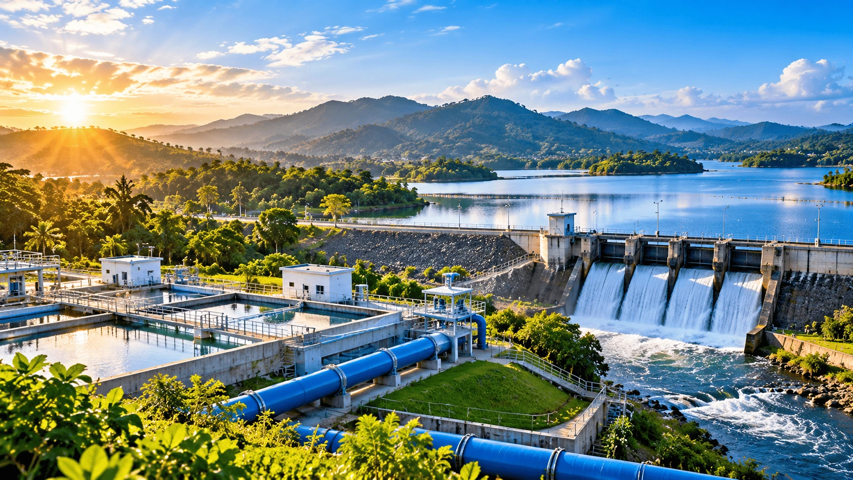 Sustainable water management with a reservoir, dam infrastructure and water treatment facilities in a tropical landscape