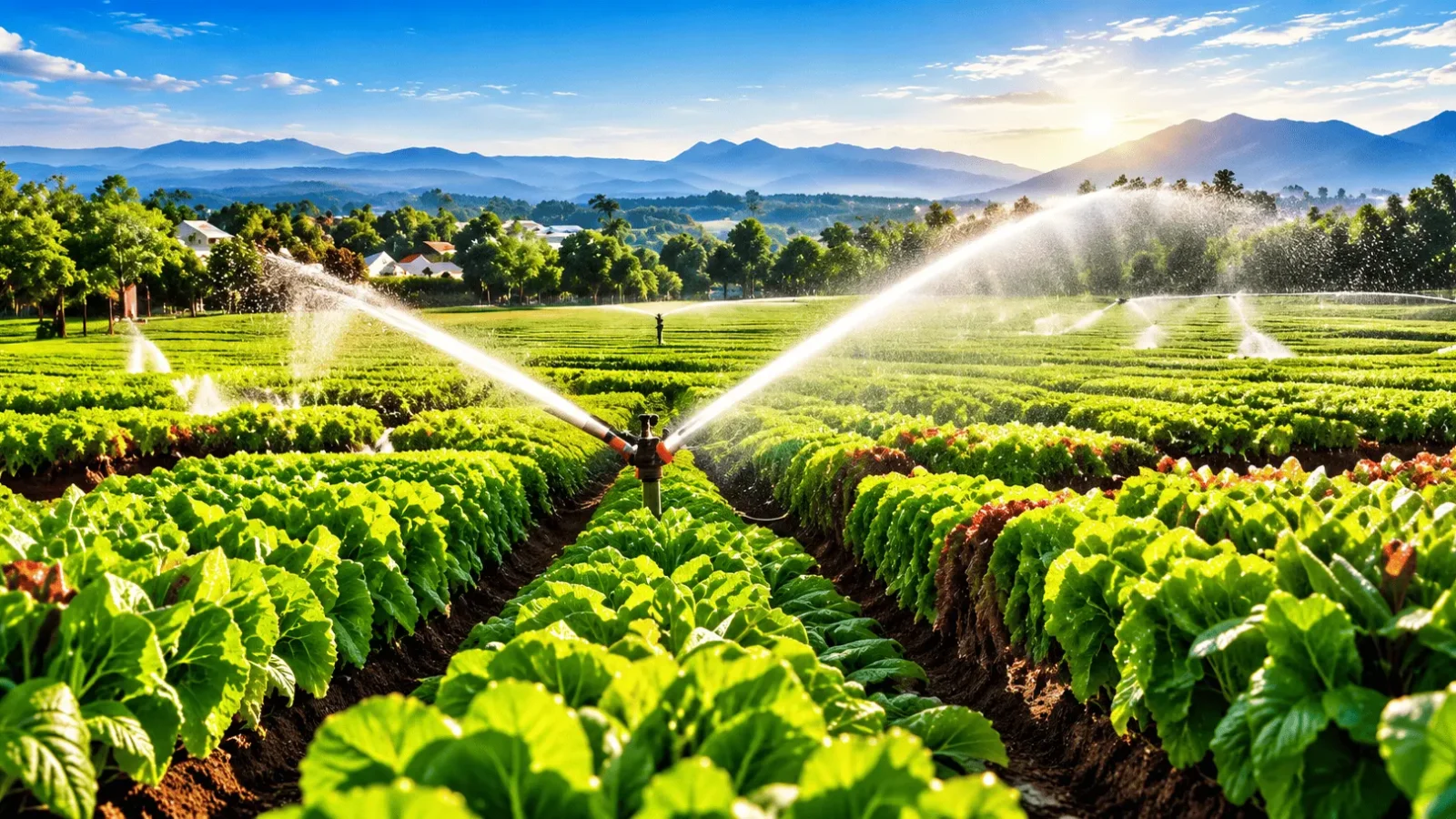 Green vegetable crops irrigated by precision sprinkler systems in a fertile agricultural field at sunrise