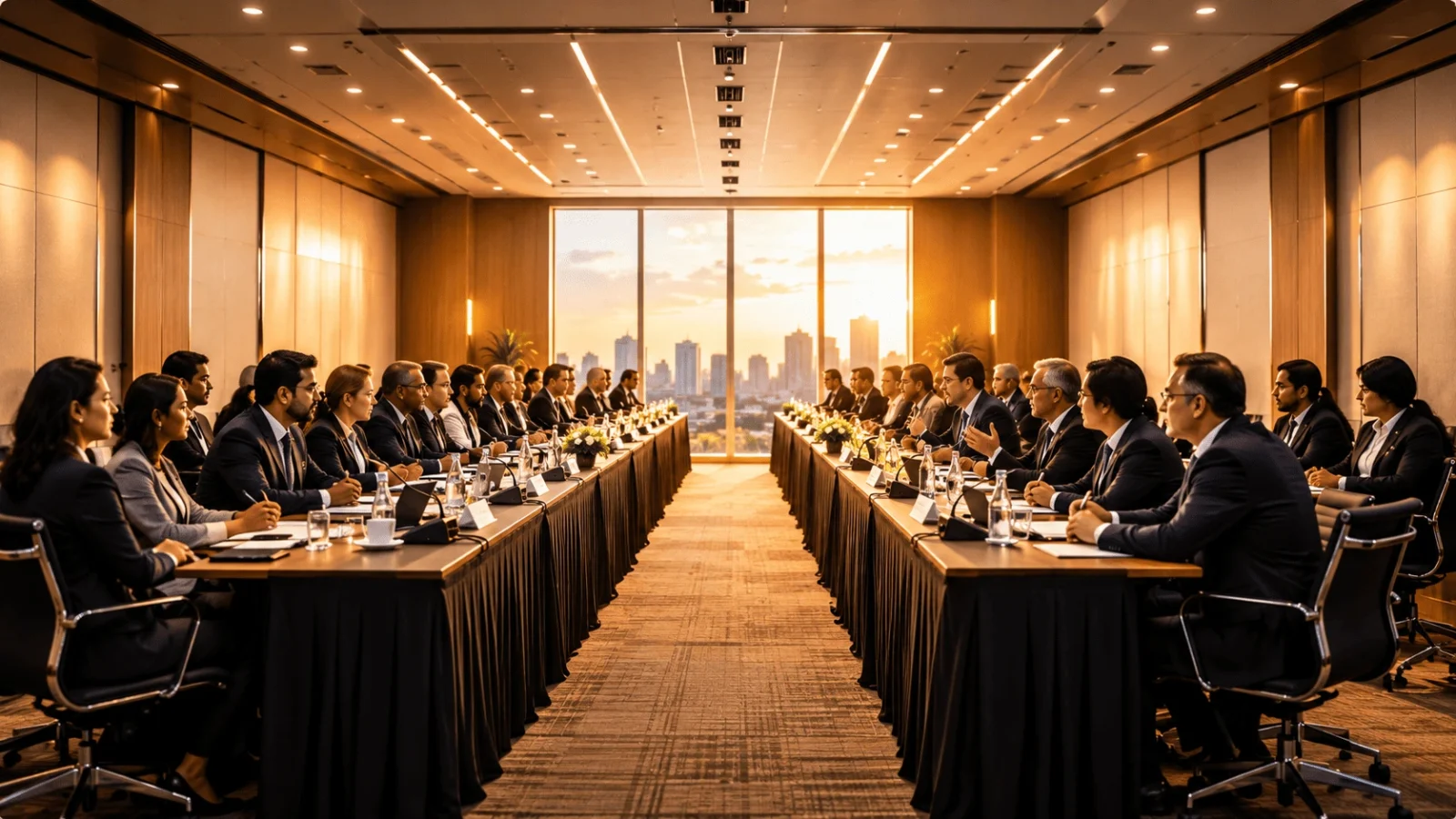Professionals participating in a formal conference meeting, representing dialogue, knowledge exchange and partnership opportunities promoted by SWILK – Stand with Israel Sri Lanka.