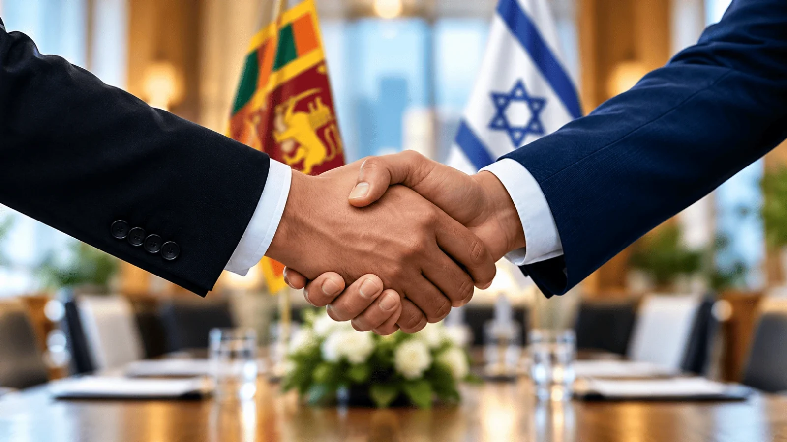 Business professionals shaking hands with the Sri Lankan and Israeli flags in the background, representing partnership and international cooperation by SWILK – Stand with Israel Sri Lanka.