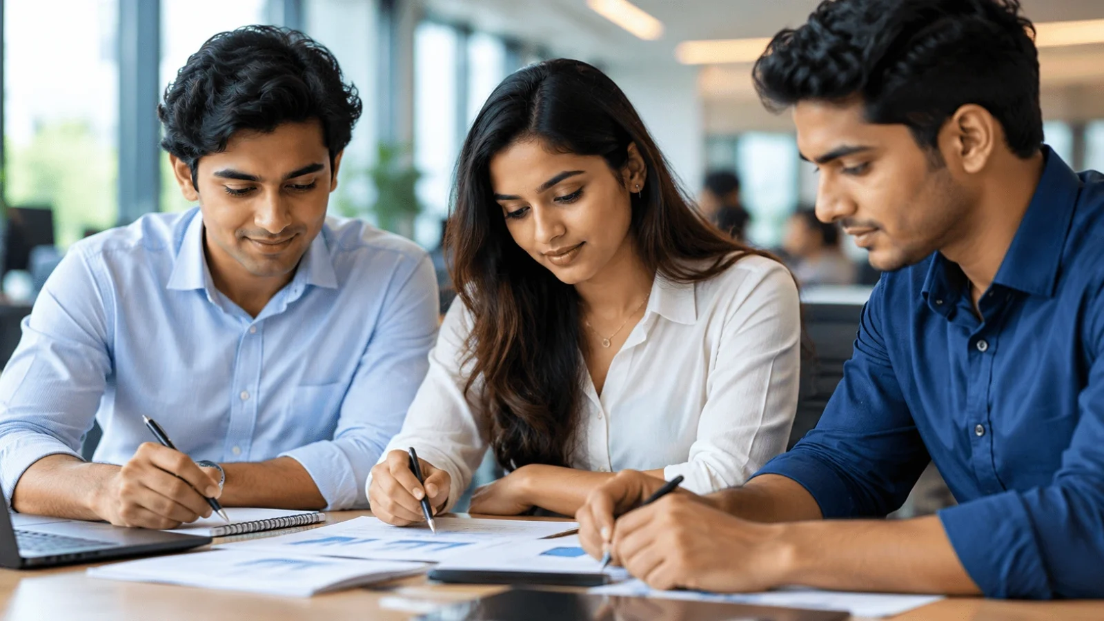 Young professionals collaborating on documents and project ideas, representing youth engagement, skills development and knowledge exchange promoted by SWILK – Stand with Israel Sri Lanka.
