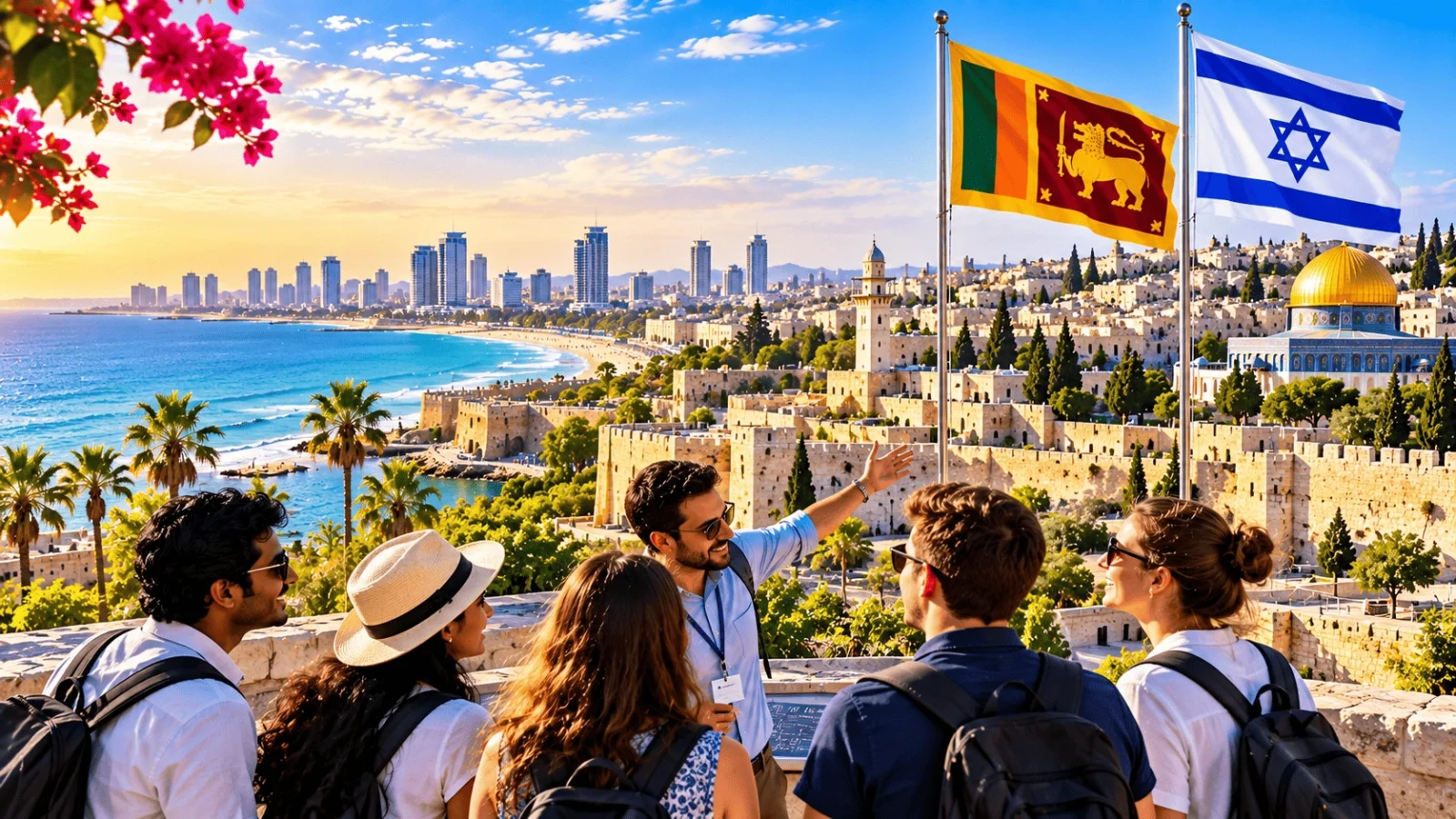 Tourists exploring a historic city overlooking the coast, with Sri Lankan and Israeli flags representing cultural exchange